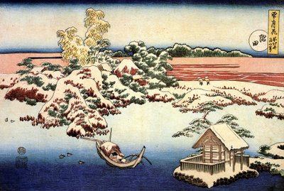 ""Snefyldt landskab ved Sumida-floden, Japan"" Tryk af Katsushika Hokusai (1760-1849) (ukiyo-e School) 1832 State A Pushkin Museum of Fine Arts, Moskva af Katsushika Hokusai