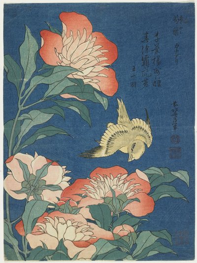 Pæoner og Kanariefugle, ca. 1833 af Katsushika Hokusai