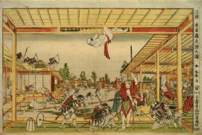 Perspektivbillede af natangrebet af de 47 loyale vasaler af Katsushika Hokusai