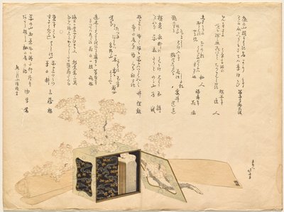 Bærbar lakkeret picnic-kurv og kirsebærblomster af Katsushika Hokusai