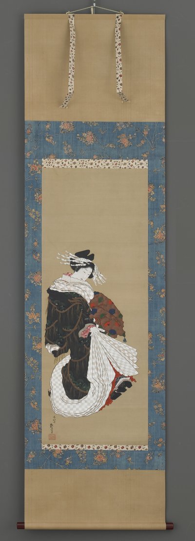 Portrait of a Courtesan Walking, ca. 1815-19 (blæk, farve og guld på silke) af Katsushika Hokusai