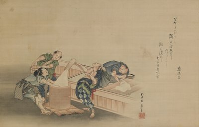 Pounding Rice for Mochi, indskrevet af Momomoto Hinamaro, Edo-perioden, ca. 1822 (blæk og farve på silke monteret som hængende rulle) af Katsushika Hokusai
