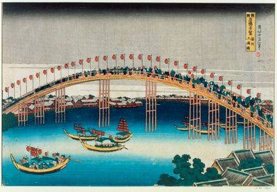 Procession over en bro (træsnit i farver) af Katsushika Hokusai