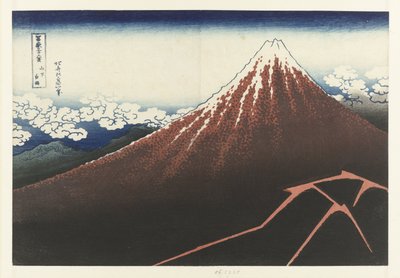 Regnvejr ved foden af ​​bjerget Rød Fuji Sanka hakuu (titel på objekt) 36 udsigter over Mount Fuji (serietitel) Fugaku sanjurokkei (serietitel på objekt) af Katsushika Hokusai