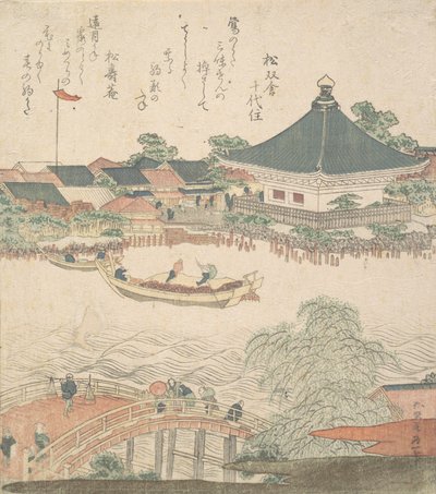 Flodscene med bro i forgrunden, ca. 1810. af Katsushika Hokusai