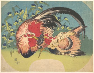 Hane, høne og kylling med edderkoppeurt af Katsushika Hokusai