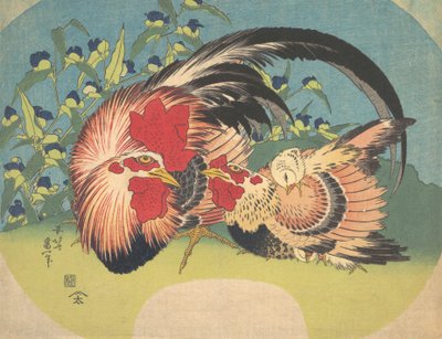 Hane, høne og kylling med edderkoppeurt, ca. 1830-33. af Katsushika Hokusai