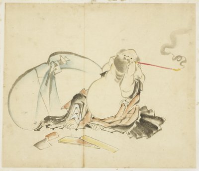 Siddende Hotei ryger en pibe, ca. 1815-1849 (blæk og farve på papir) af Katsushika Hokusai