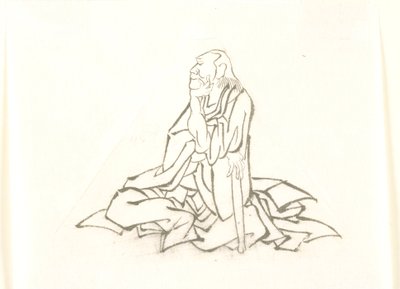 Siddende gammel mand, der støtter sig til en stok af Katsushika Hokusai