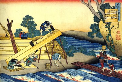 Serie de cent digte de cent poetes: ""Harumichi no Tsuraki"" Charpentiers au travail - Estampe de Katsushika Hokusai (1760-1849) (ecole ukiyo-e) vers 1830 State Hermitage Saint Petersbourg af Katsushika Hokusai