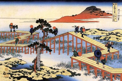Serie af bemærkelsesværdige udsigter over broer fra forskellige provinser: Yatsuhashi-broen i Mikawa-provinsen, Japan - Tryk af Katsushika Hokusai (1760-1849) (ukiyo-e skole) 1835 State Hermitage Sankt Petersborg Rusland af Katsushika Hokusai