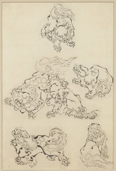 Seks løver af Katsushika Hokusai
