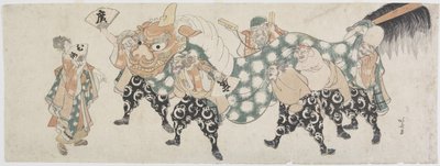Seks mandlige guder, der udfører løvedansen, 1797-1819 (træblok i farver) af Katsushika Hokusai