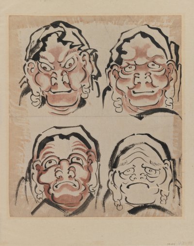 Skitse af fire ansigter (blæk på papir) af Katsushika Hokusai