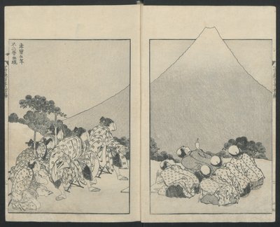 Glidende ned til venstre, Åbningen af Fuji lige fra hundrede udsigter over Fuji-bjerget, 1834. af Katsushika Hokusai