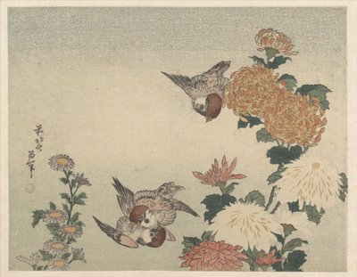 Spurve og krysantemum af Katsushika Hokusai