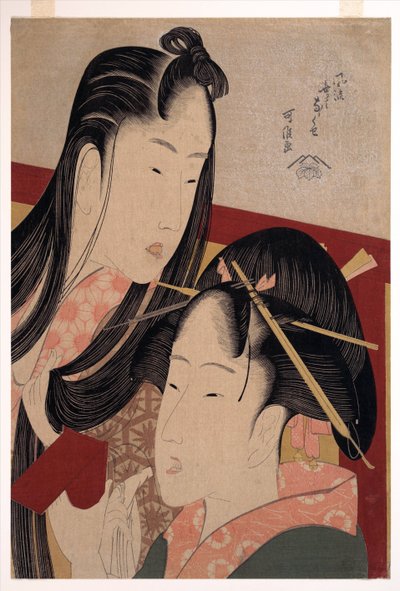 Squeaking a Ground Cherry, fra serien Seven Fashionable Useless Habits - Hokusai, Katsushika (1760-1849) - ca. 1798 - Farvetræsnit - 36,4x24,8 - Privat Samling af Katsushika Hokusai