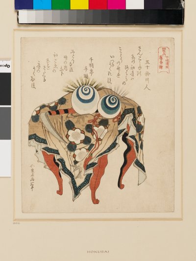 Bord med blomstermønstret dug, juveler og le, slutningen af 1800-tallet (farvetræsnit) af Katsushika Hokusai