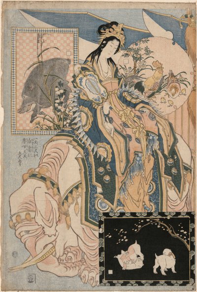Tang Lady on a White Elephant, fra et sæt Reklame Giant Straw Works in a Fair Attraction af Katsushika Hokusai