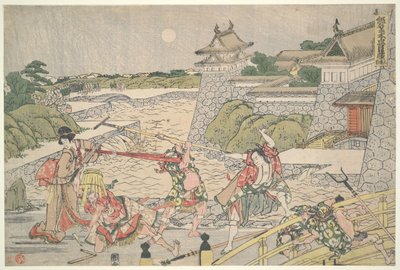 De 47 trofaste rōnin (Chūshingura),  3. akt: Kampei angribes af Bannai og hans mænd af Katsushika Hokusai