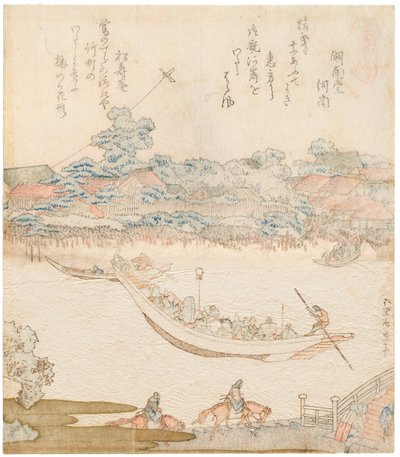 Bredden af Sumida-floden, Komatomeishi. Triptykon fra serien Umazukushi, Central del, 1822 af Katsushika Hokusai