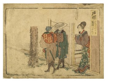 Totsuka station på Tokaido Way fra Surimono Tokaido-serien, ca. 1800-04 (træblok på papir) af Katsushika Hokusai