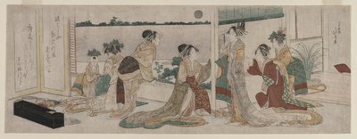 Tsukasa og andre kurtisaner fra Ogiya ser efterårsmånen stå op..., 1799. af Katsushika Hokusai