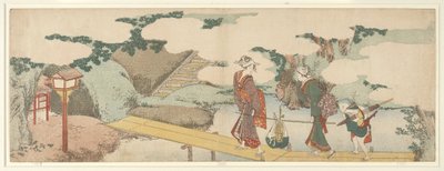 To kvinder og en dreng på strandpromenaden af Katsushika Hokusai