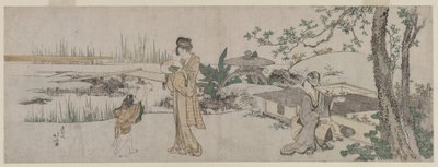 To kvinder og et barn ved siden af en guldfisketank af Katsushika Hokusai
