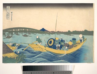 Udsigt til solnedgangen over Ryōgoku-broen fra Onmaya-dæmningen (Onmayagashi yori Ryōgokubashi sekiyō o miru), fra serien »De 36 udsigter over Fuji« (Fugaku sanjūrokkei) af Katsushika Hokusai