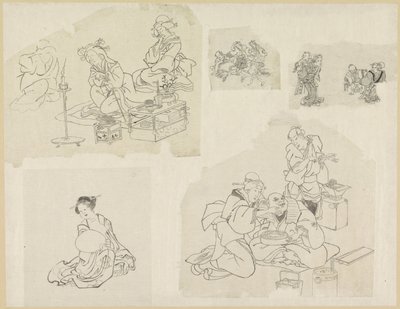 Fem repræsentationer af mennesker i forskellige situationer af Katsushika Hokusai