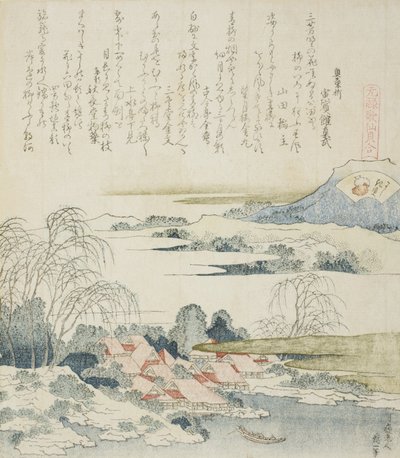 Landsby ved Yoshino-floden, illustration til The Brocade Shell af Katsushika Hokusai