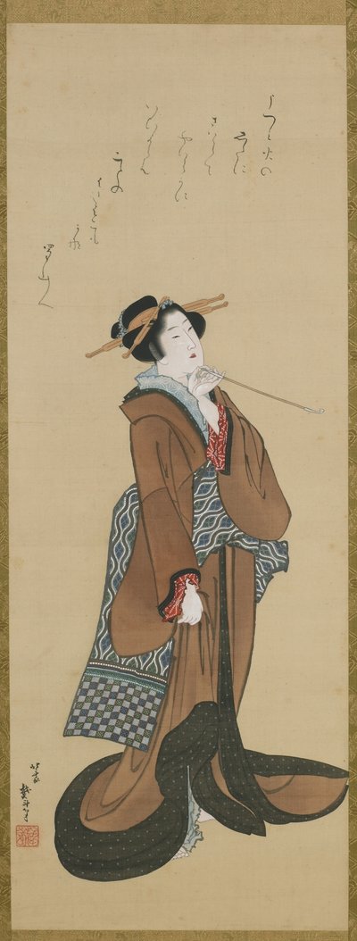 Kvinde holder en tobakspibe, Edo-periode, ca. 1814-15 (blæk og farve på silke) af Katsushika Hokusai