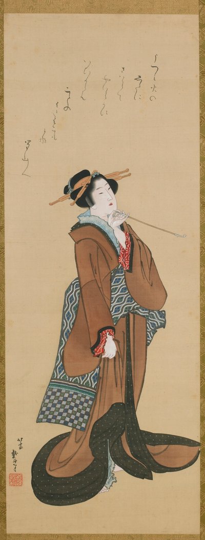 Kvinde holder en tobakspibe, ca. 1814-1815. af Katsushika Hokusai