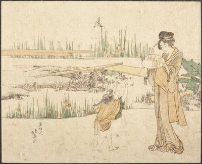 Kvinde og barn i en have; fragment af »Guldfiskesælgeren« af Katsushika Hokusai
