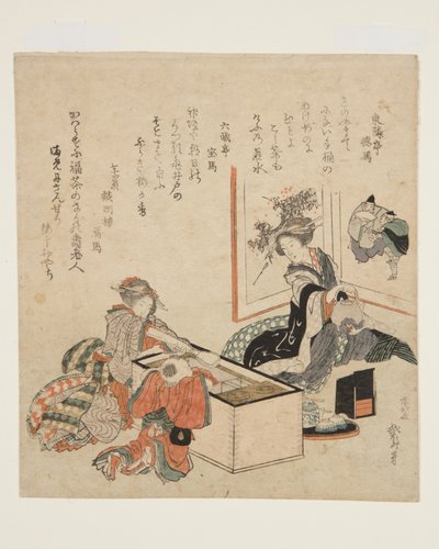 Kvinder tilbereder te omkring ildholderen (farvet træbloktryk) af Katsushika Hokusai