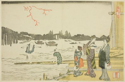 Kvinder og børn ser fyrværkeriet af Katsushika Hokusai