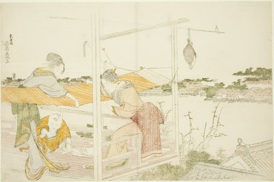 Kvinder på en veranda strækklud til tørring af Katsushika Hokusai