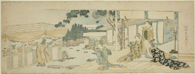 Kvinder på verandaen ser på en pige, der plukker blomster af Katsushika Hokusai