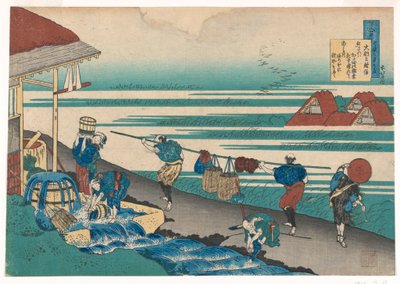 Arbejdere ved siden af havet og farvede klud fra Hyakunin, hundrede digte forklaret af sygeplejersken af Katsushika Hokusai