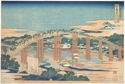 Yahagi-broen ved Okazaki på Tōkaidō (Tōkaidō Okazaki Yahagi no hashi), fra serien »Bemærkelsesværdige udsigter over broer i forskellige provinser« (Shokoku meikyō kiran) af Katsushika Hokusai