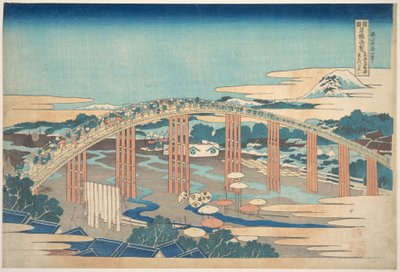 Yahagi-broen ved Okazaki på Tōkaidō (Tōkaidō Okazaki Yahagi no hashi), fra serien »Bemærkelsesværdige udsigter over broer i forskellige provinser« (Shokoku meikyō kiran) af Katsushika Hokusai