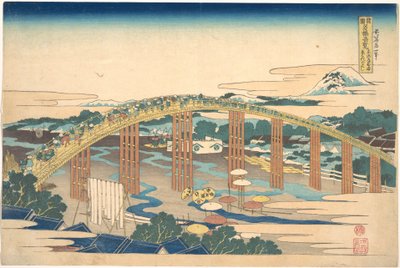 Yahagi-broen ved Okazaki på Tōkaidō (Tōkaidō Okazaki Yahagi no hashi), fra serien »Bemærkelsesværdige udsigter over broer i forskellige provinser« (Shokoku meikyō kiran) af Katsushika Hokusai