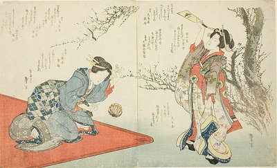 To kvinder spiller fjerbold af Katsushika Taito II