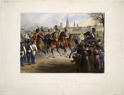 Nicholas I af Rusland som øverste oberst for det 9. Husarregiment ""Graf Nadasdy"" ved Glacis i Wien den 30. december 1845 - Katzler, Vinzenz (1823-1882) - 1846 - Farvelitografi - 39x50,4 - Privat Kollektion af Katzler Katzler
