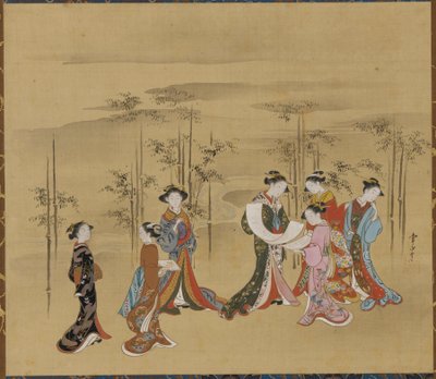 Syv unge kvinder i en bambuslund, 1700-tallet. af Kawamata Tsunemasa