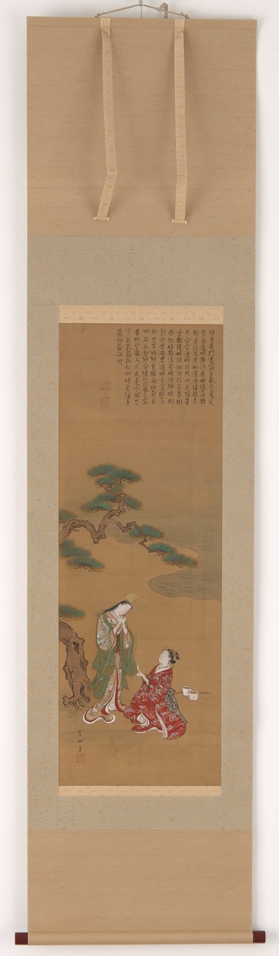 To unge kvinder under et fyrretræ ved kysten..., Edo-perioden, 1700-tallet. af Kawamata Tsunemasa