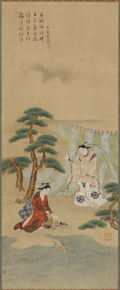 Ung mand og en ung kvinde ved kysten, Edo-perioden, 1615-1868. af Kawamata Tsuneyuki