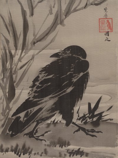 Krage og rør ved en bæk, ca. 1887. af Kawanabe Kyosai