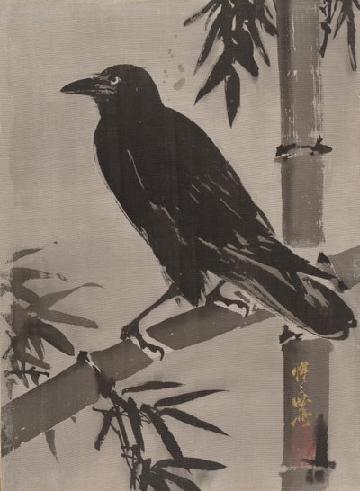 Krage på en bambusgren, ca. 1887. af Kawanabe Kyosai